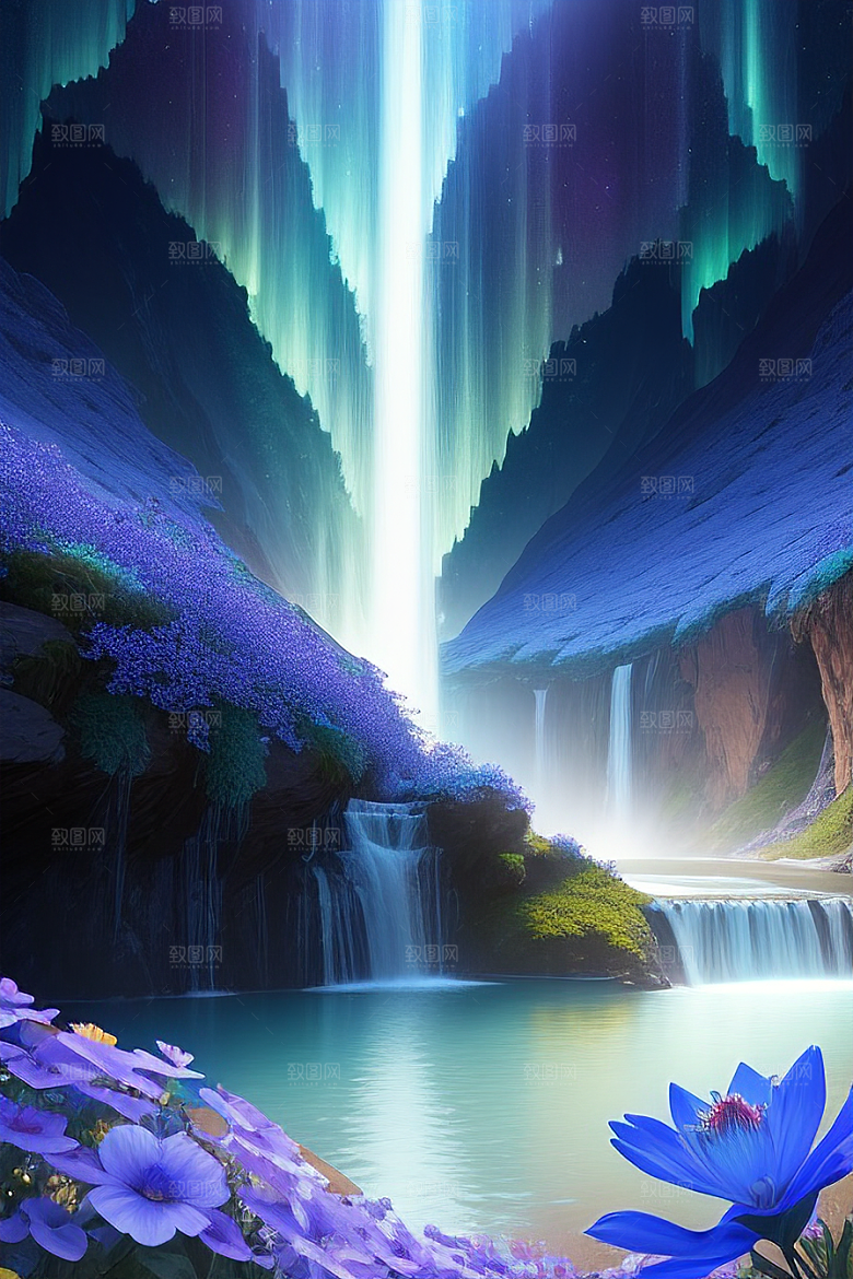 神奇景观蓝野花瀑布星极光