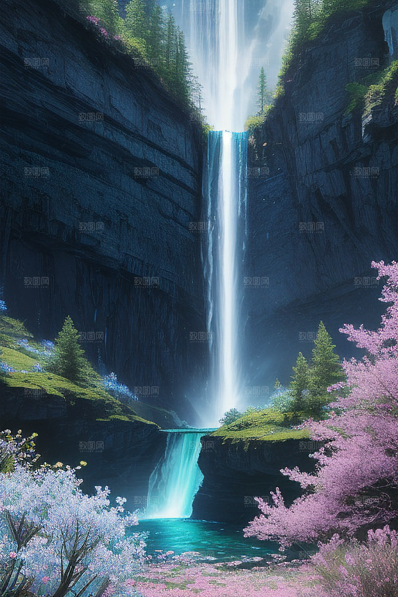 神奇景观蓝野花瀑布星极光