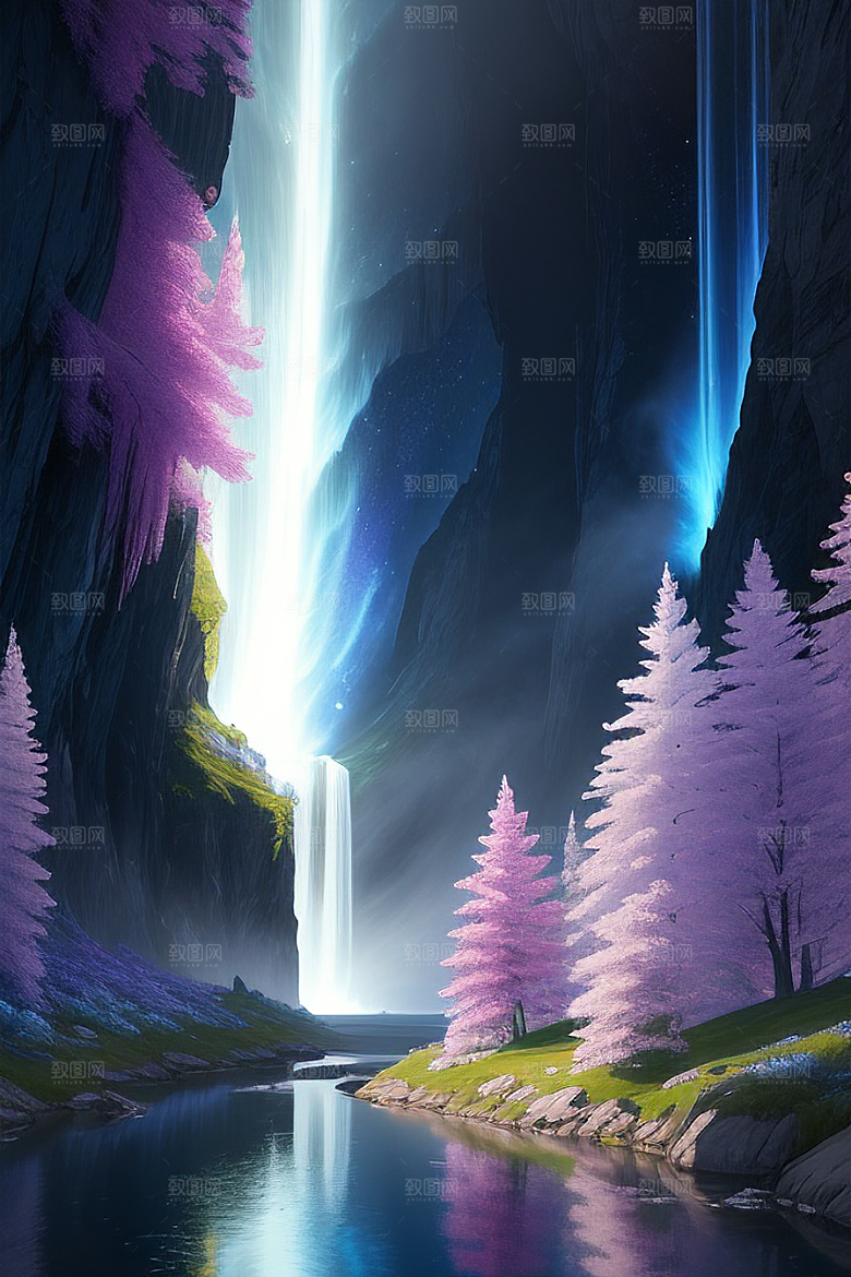 神奇景观蓝野花瀑布星极光