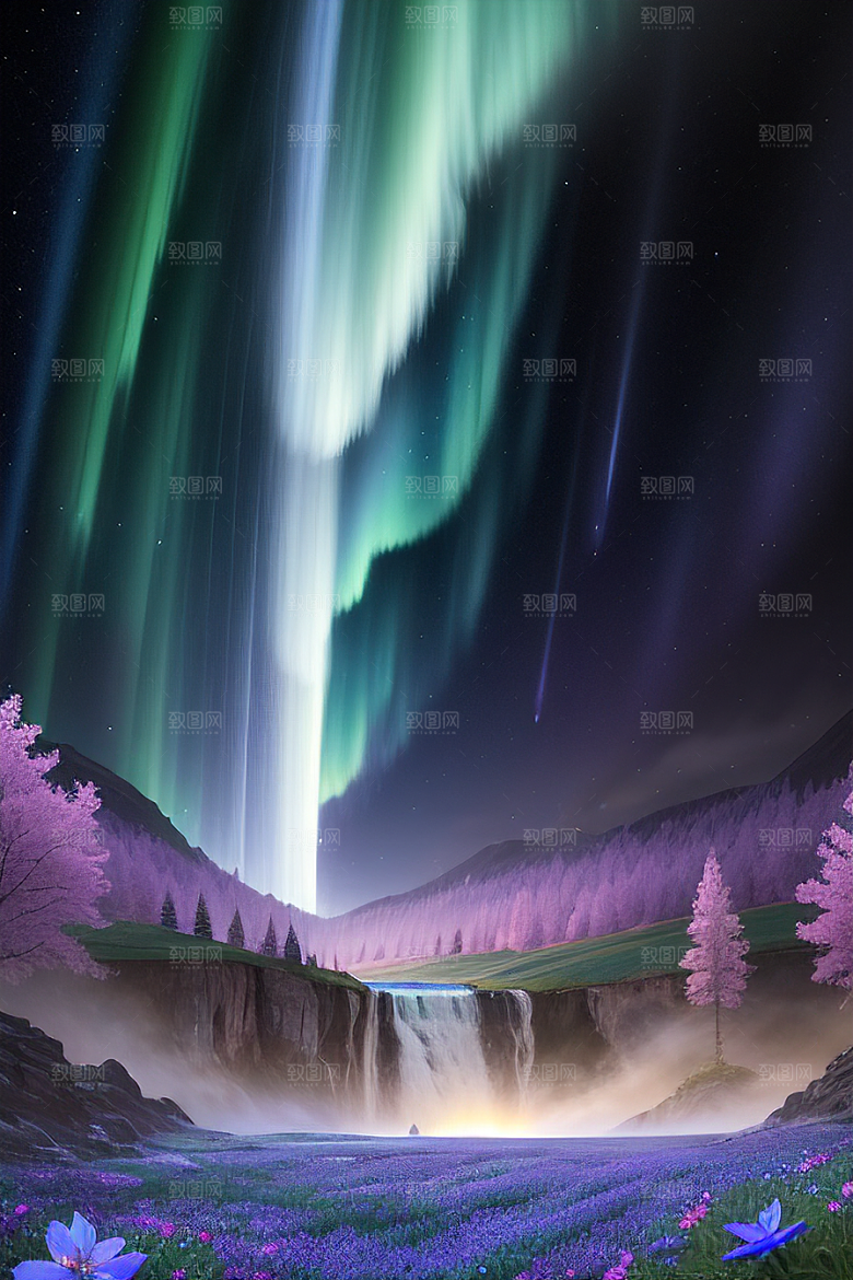 神奇景观蓝野花瀑布星极光