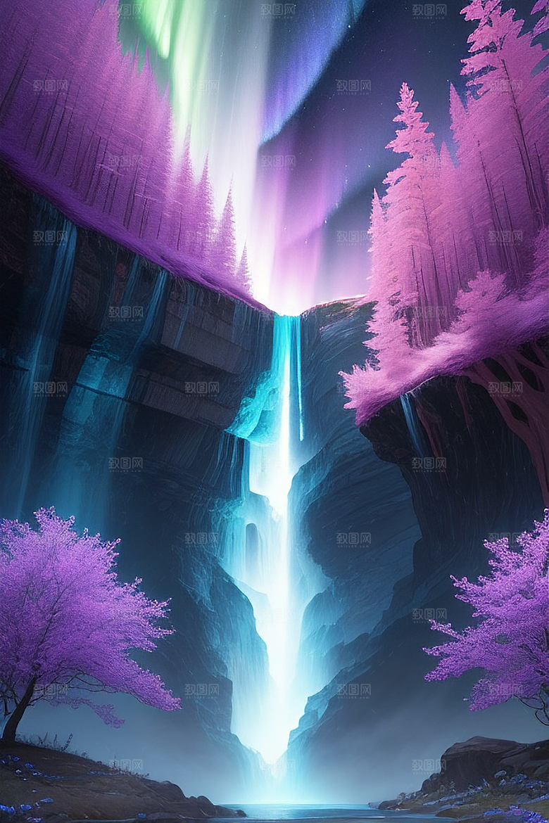 神奇景观蓝野花瀑布星极光