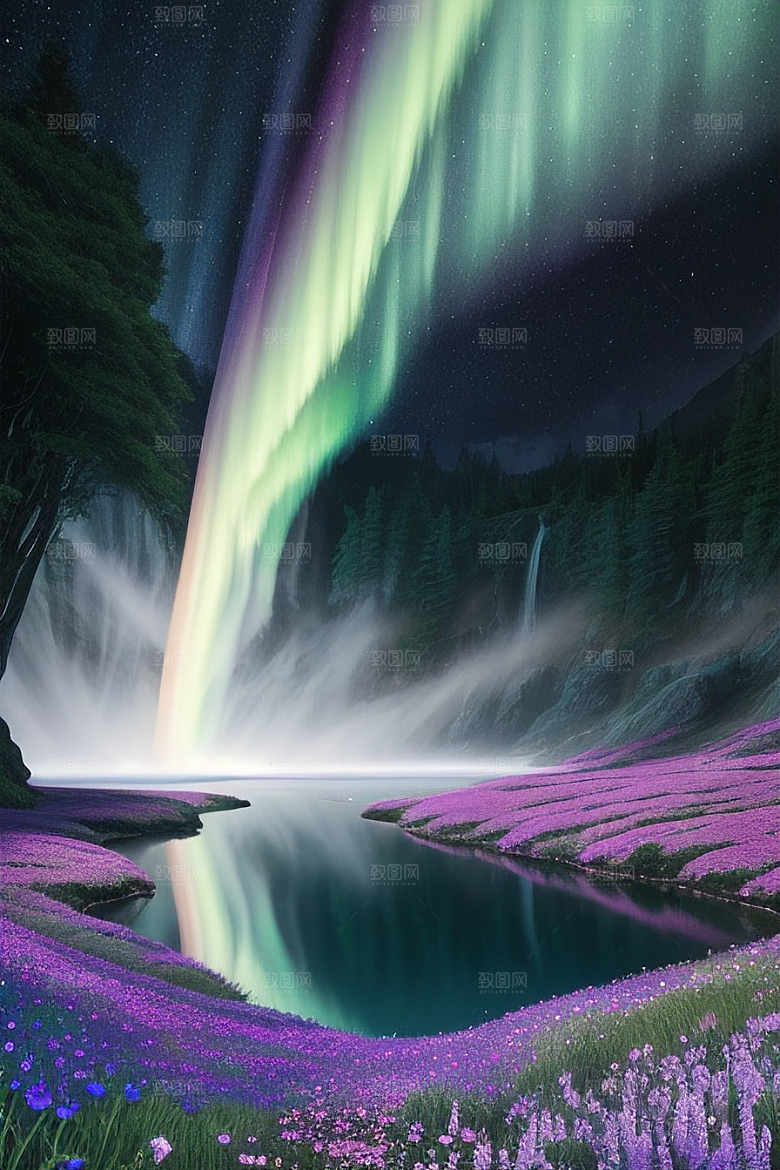 神奇景观蓝野花瀑布星极光