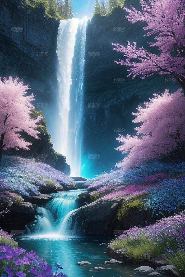 奇幻自然蓝野花瀑布星光挂毯