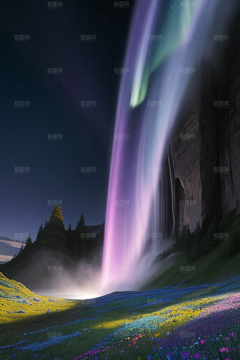 奇幻自然蓝野花瀑布星光挂毯