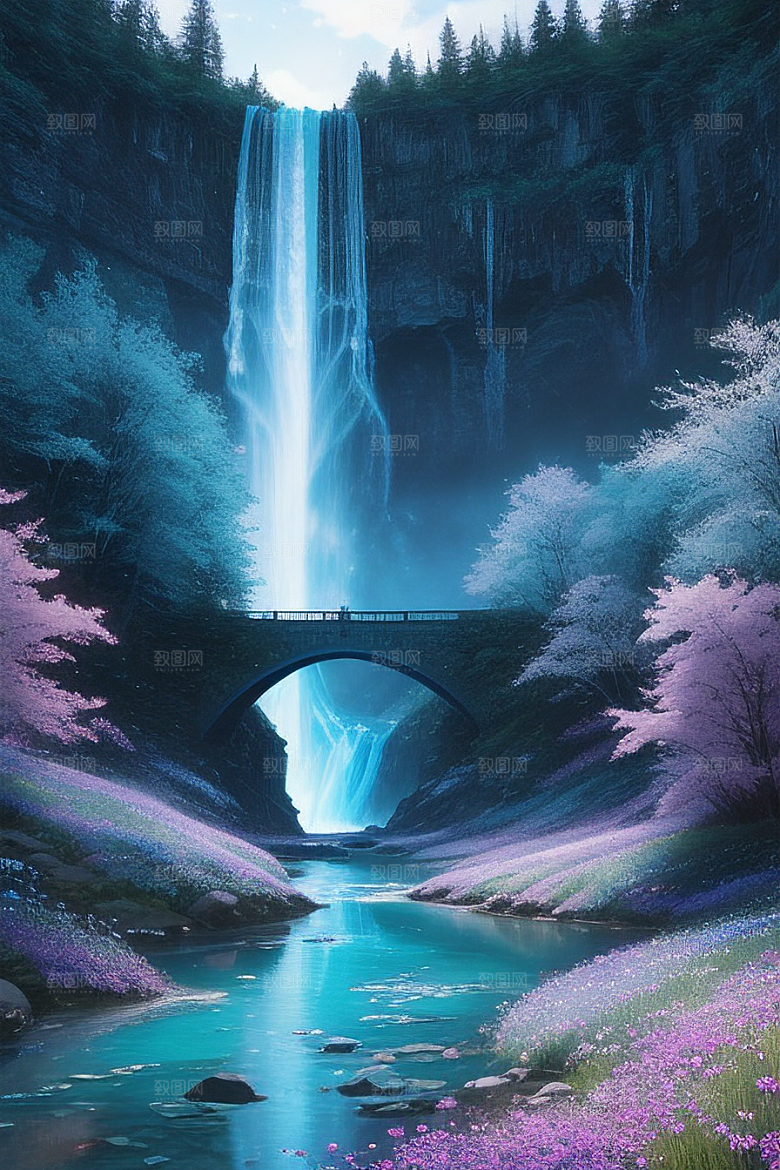 奇幻自然蓝野花瀑布星光挂毯