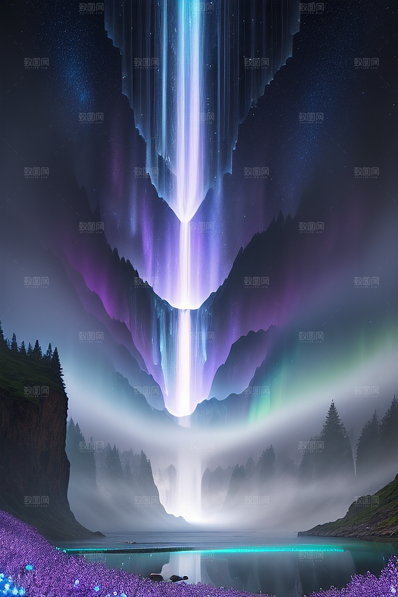 奇幻自然蓝野花瀑布星光挂毯