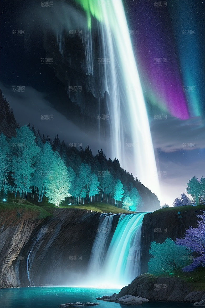 奇幻自然蓝野花瀑布星光挂毯