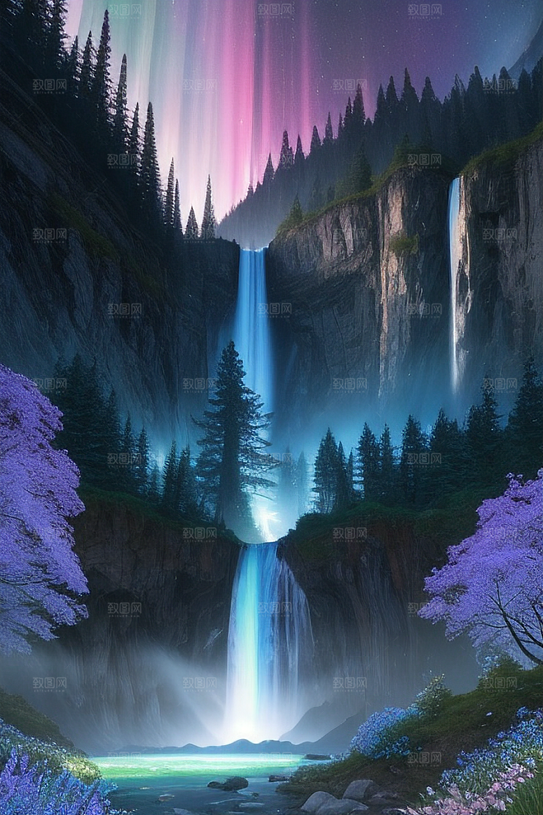 梦幻般的自然美景蓝色水晶野花瀑布