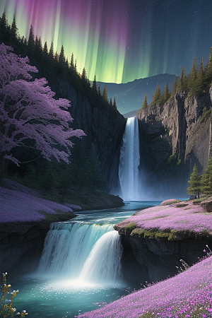 梦幻般的自然美景蓝色水晶野花瀑布