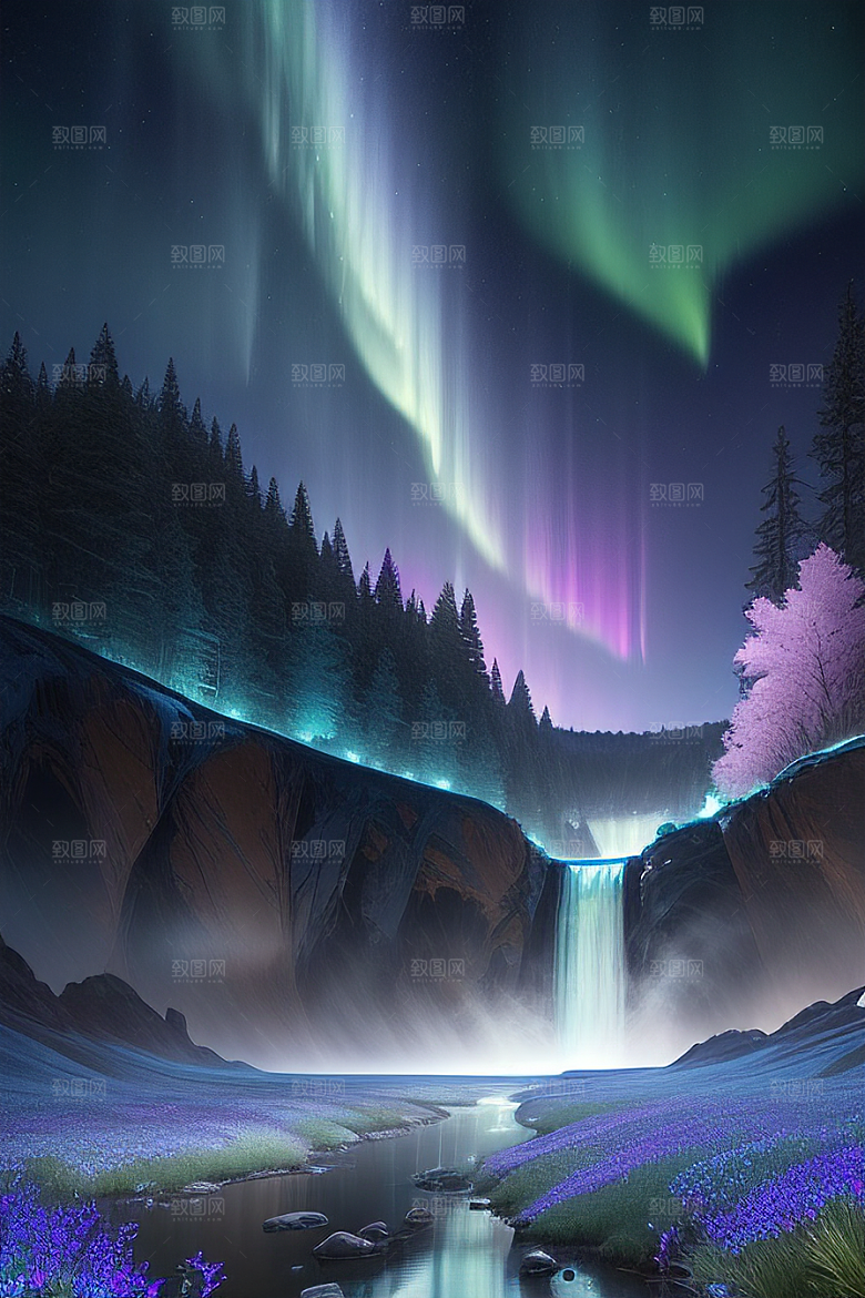 美轮美奂蓝色水晶野花瀑布夜极光