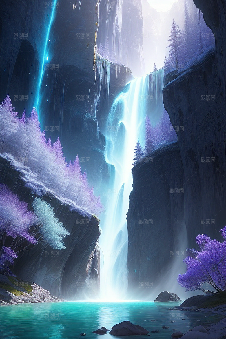 美轮美奂蓝色水晶野花瀑布夜极光
