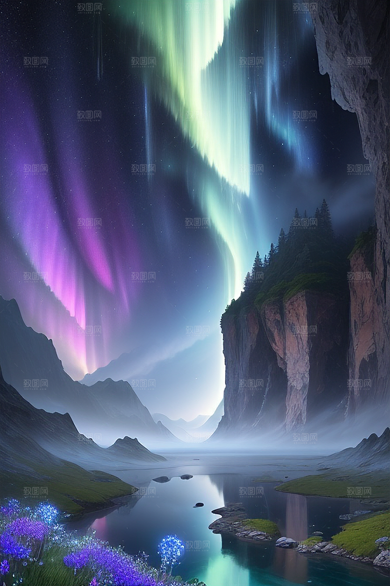 美轮美奂蓝色水晶野花瀑布夜极光