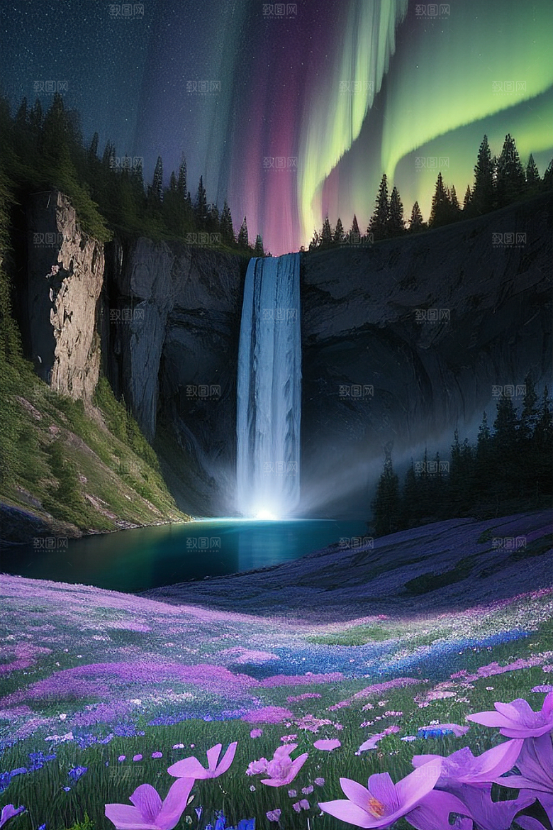 美轮美奂蓝色水晶野花瀑布夜极光
