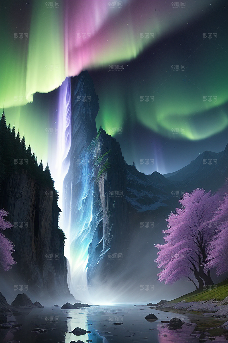美轮美奂蓝色水晶野花瀑布夜极光