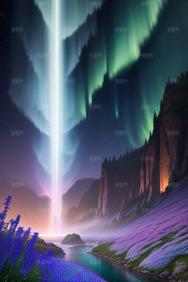 美轮美奂蓝色水晶野花瀑布夜极光
