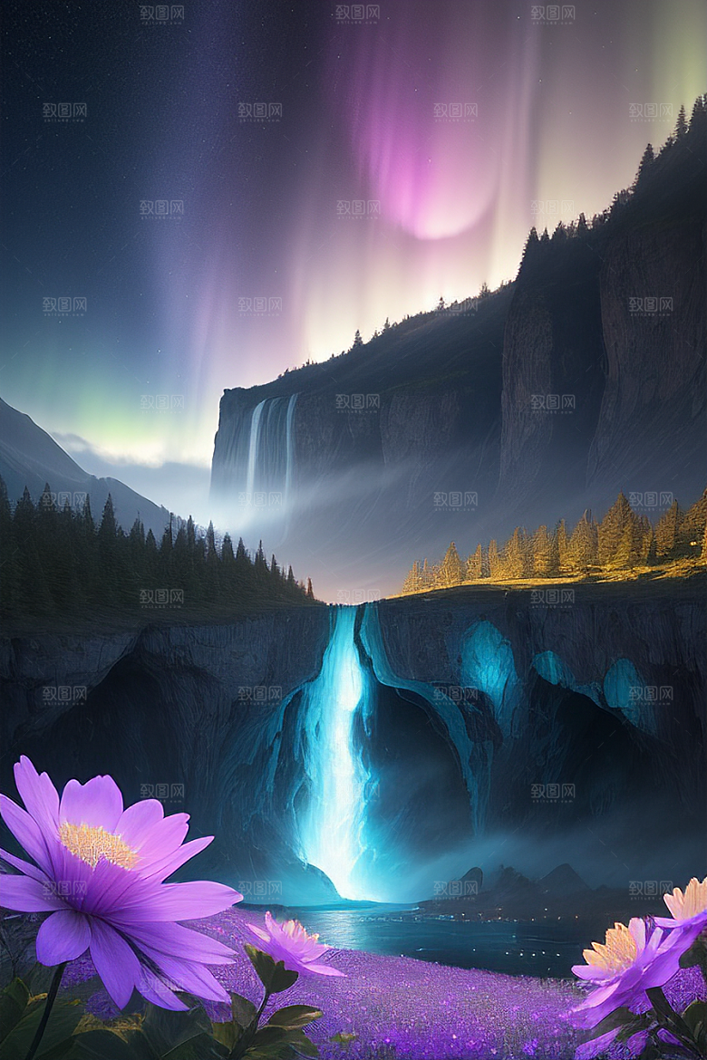 美轮美奂蓝色水晶野花瀑布夜极光
