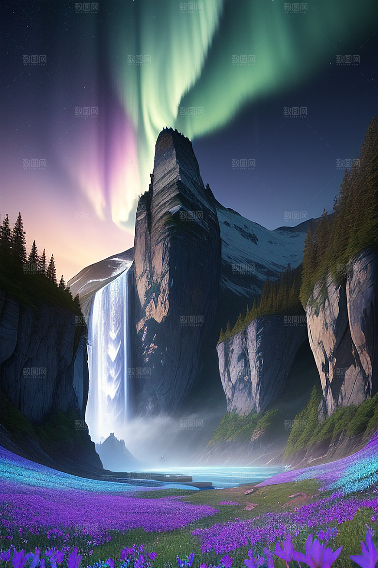 美轮美奂蓝色水晶野花瀑布夜极光