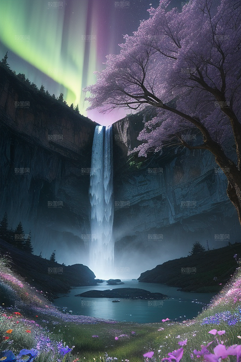 美轮美奂蓝色水晶野花瀑布夜极光