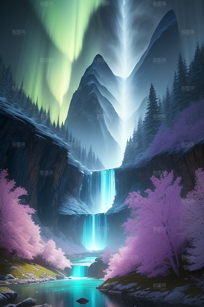 仙境之景蓝色水晶野花瀑布星光