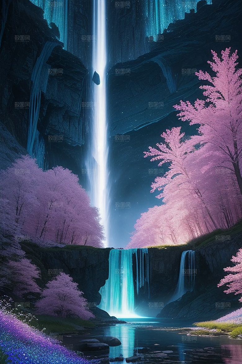仙境之景蓝色水晶野花瀑布星光