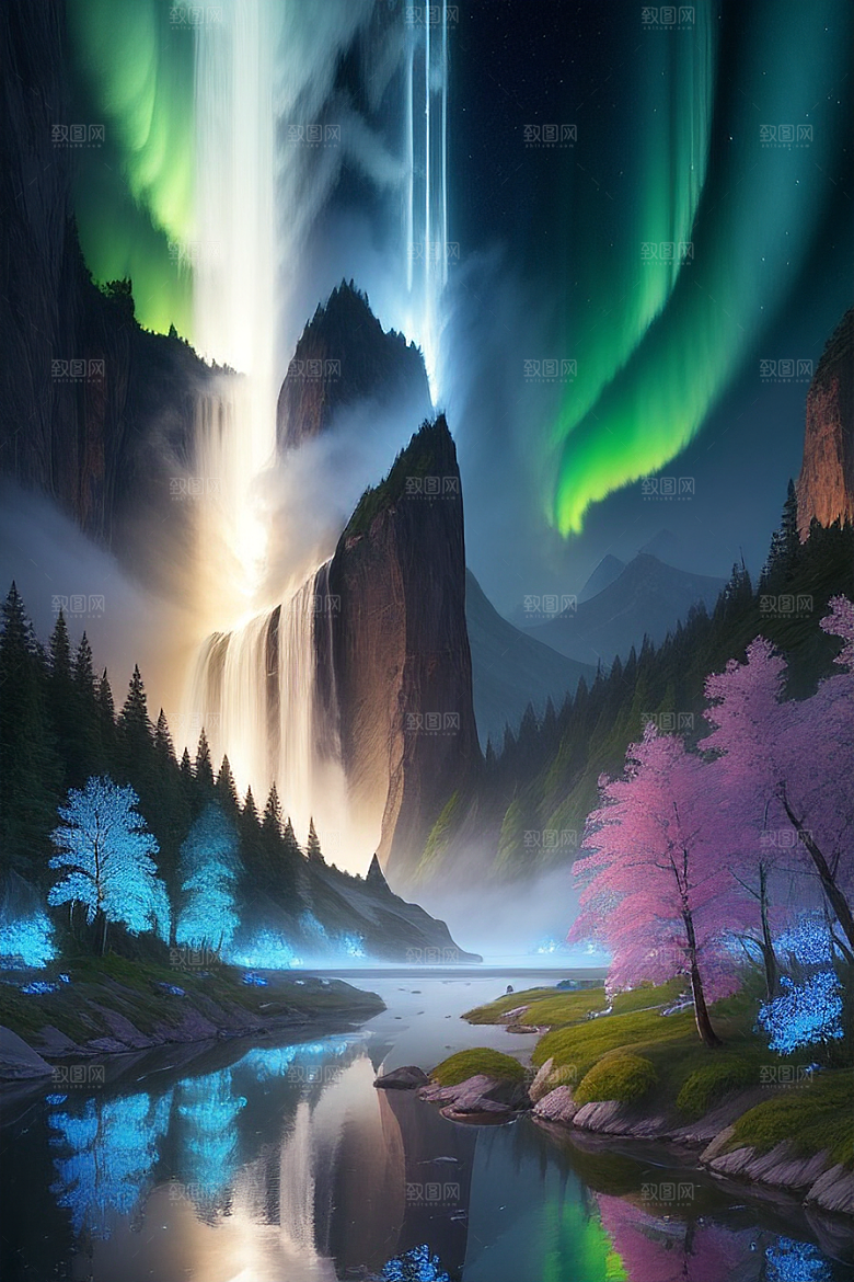 仙境之景蓝色水晶野花瀑布星光