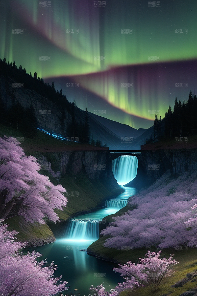 仙境之景蓝色水晶野花瀑布星光
