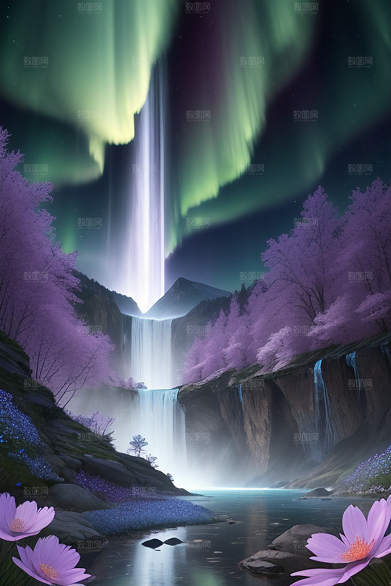 仙境之景蓝色水晶野花瀑布星光