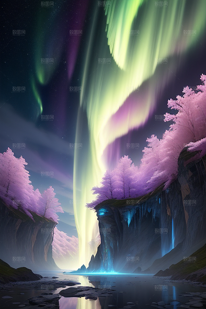 仙境之景蓝色水晶野花瀑布星光