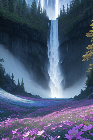 仙境之景蓝色水晶野花瀑布星光