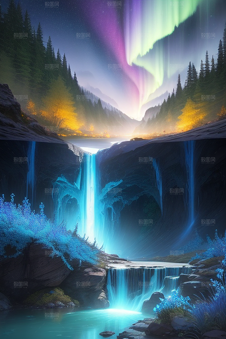 仙境之景蓝色水晶野花瀑布星光