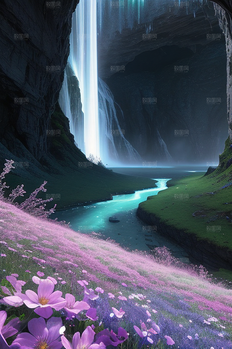 仙境之景蓝色水晶野花瀑布星光