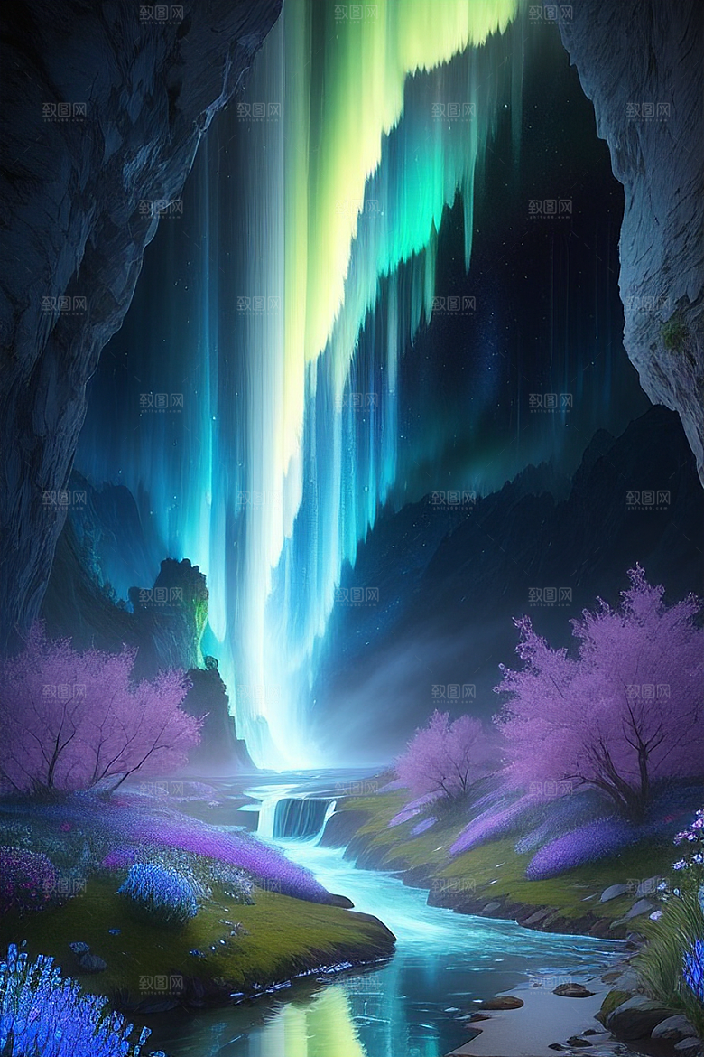 仙境之景蓝色水晶野花瀑布星光