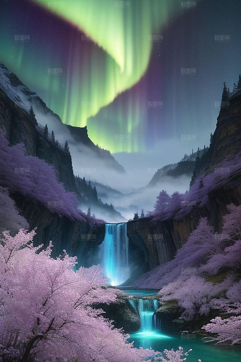 仙境之景蓝色水晶野花瀑布星光