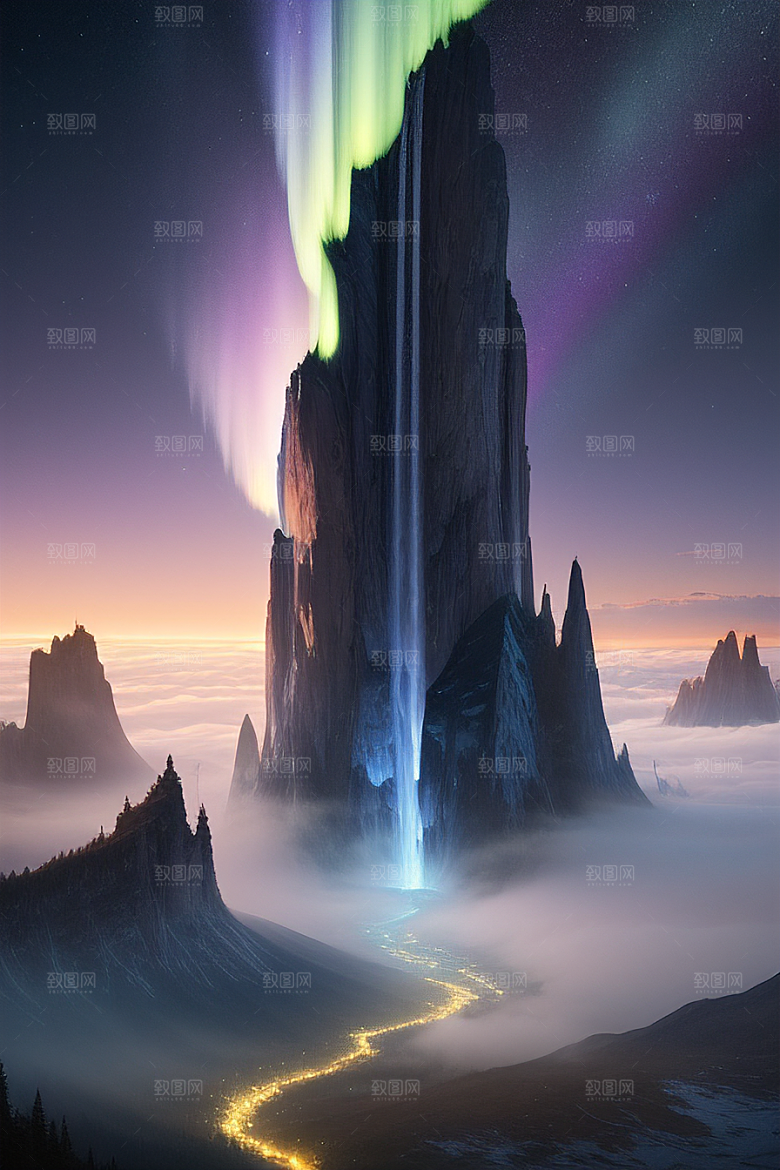 奇幻浮云蓝色水晶花瀑布夜极光