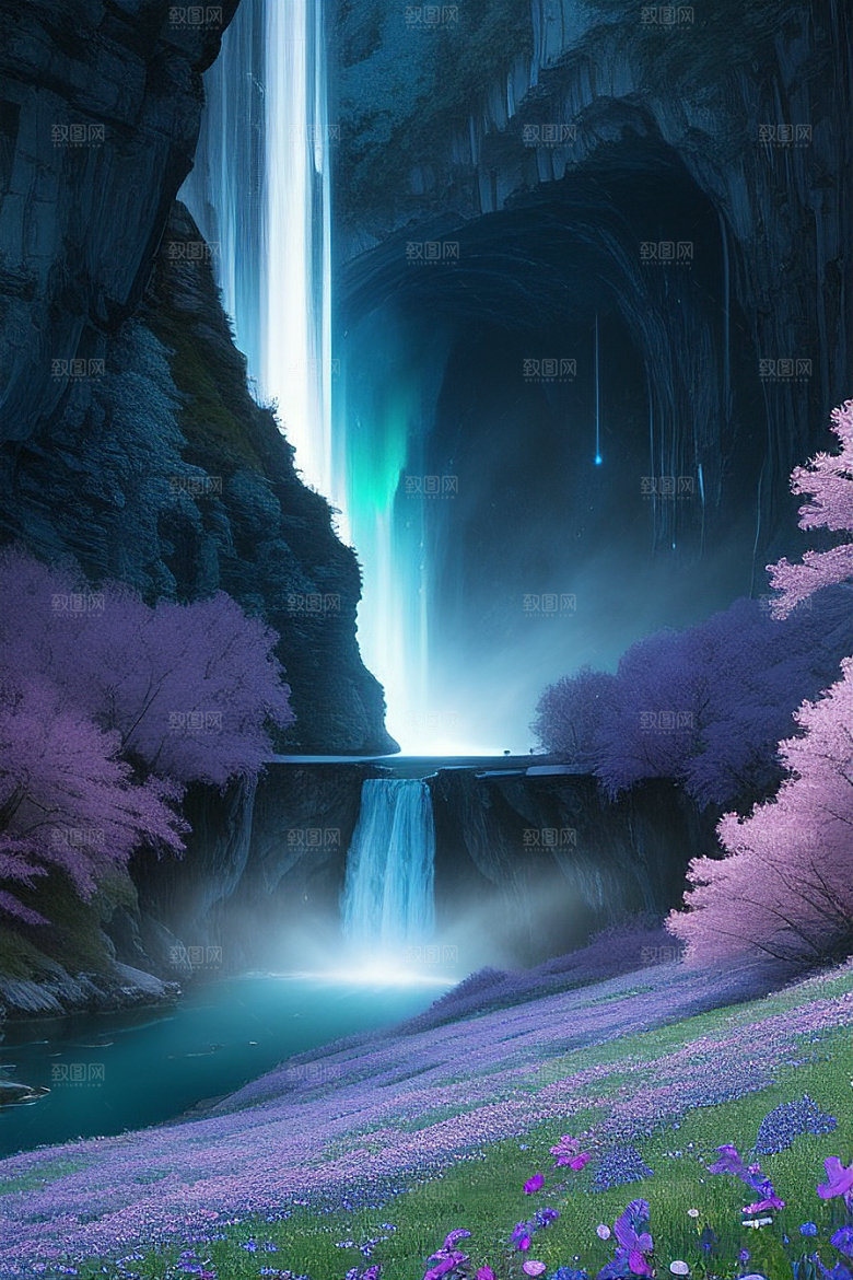 奇幻浮云蓝色水晶花瀑布夜极光