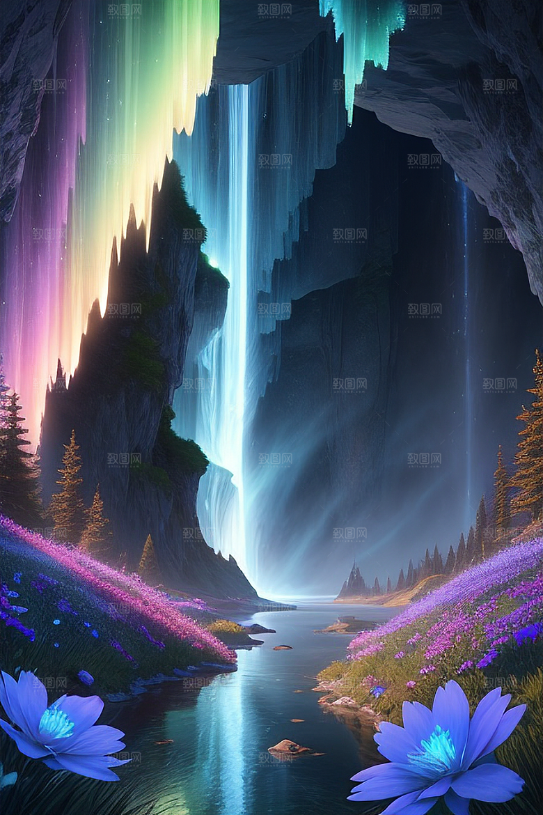 奇幻浮云蓝色水晶花瀑布夜极光