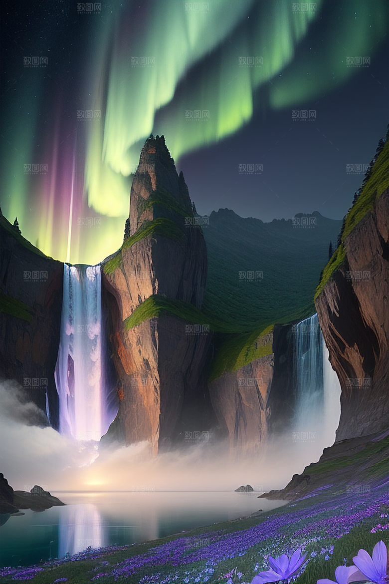 奇幻浮云蓝色水晶花瀑布夜极光