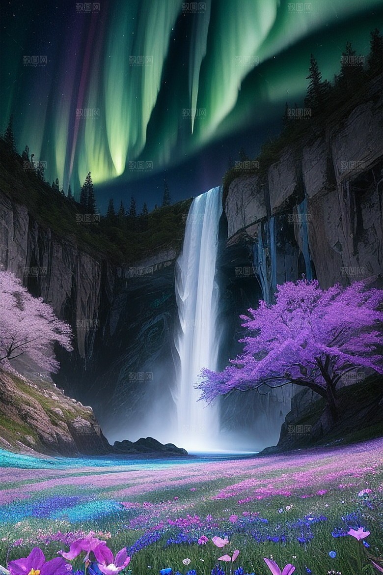 奇幻浮云蓝色水晶花瀑布夜极光