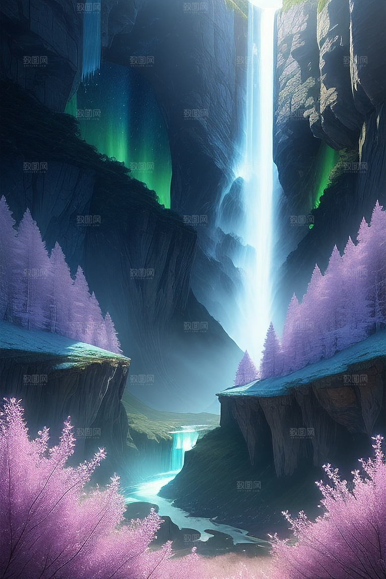 奇幻浮云蓝色水晶花瀑布夜极光