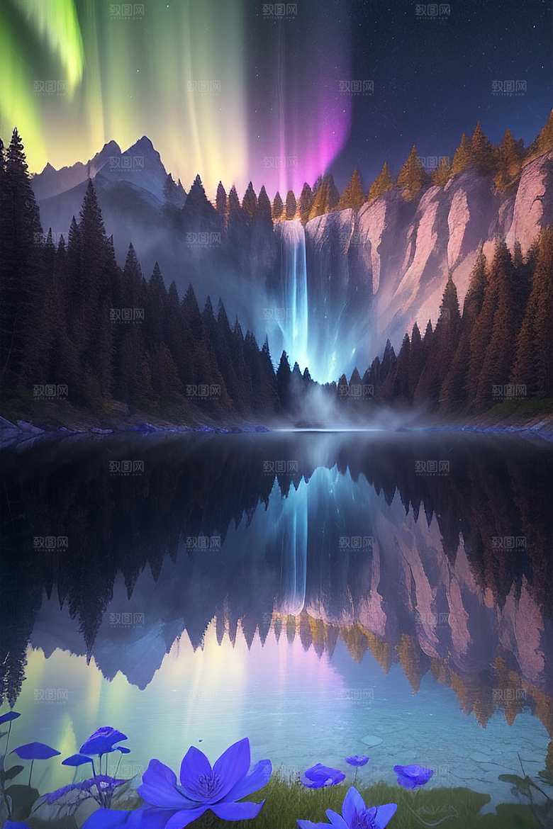 奇幻浮云蓝色水晶花瀑布夜极光