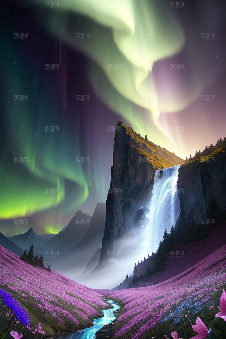 奇幻浮云蓝色水晶花瀑布夜极光
