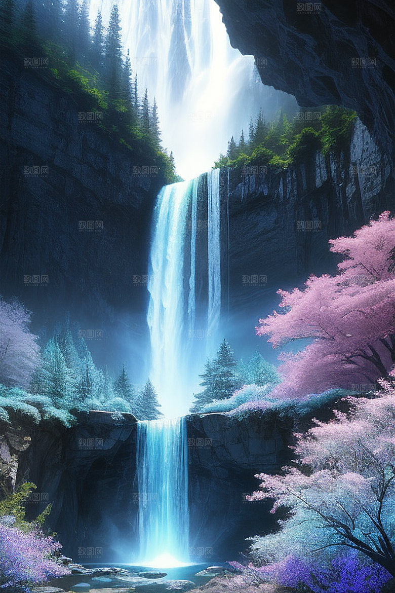 奇幻浮云蓝色水晶花瀑布夜极光