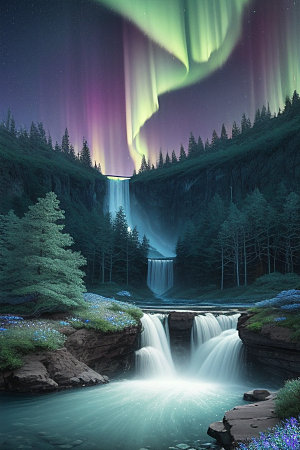 迷人的自然之美蓝野花瀑布星极光