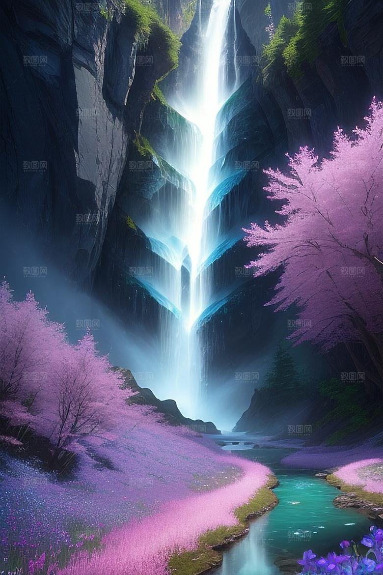 璀璨夜空蓝花瀑布挂毯
