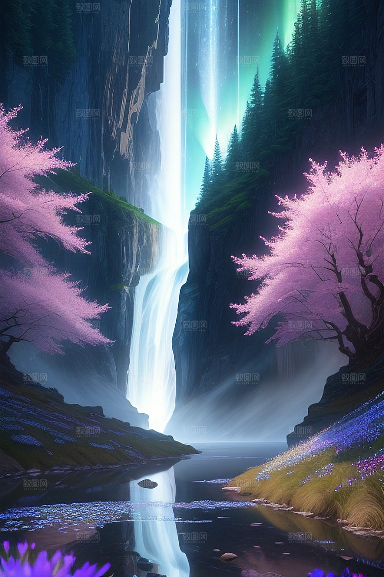 璀璨夜空蓝花瀑布挂毯