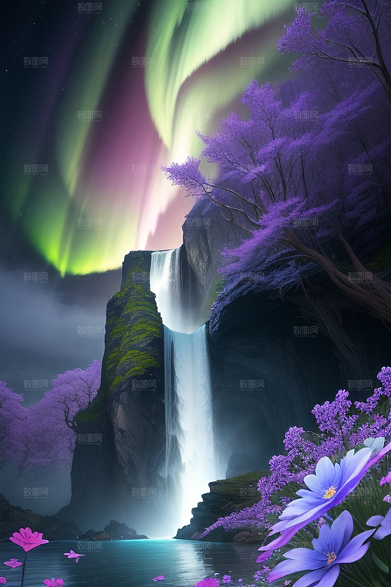 璀璨夜空蓝花瀑布挂毯