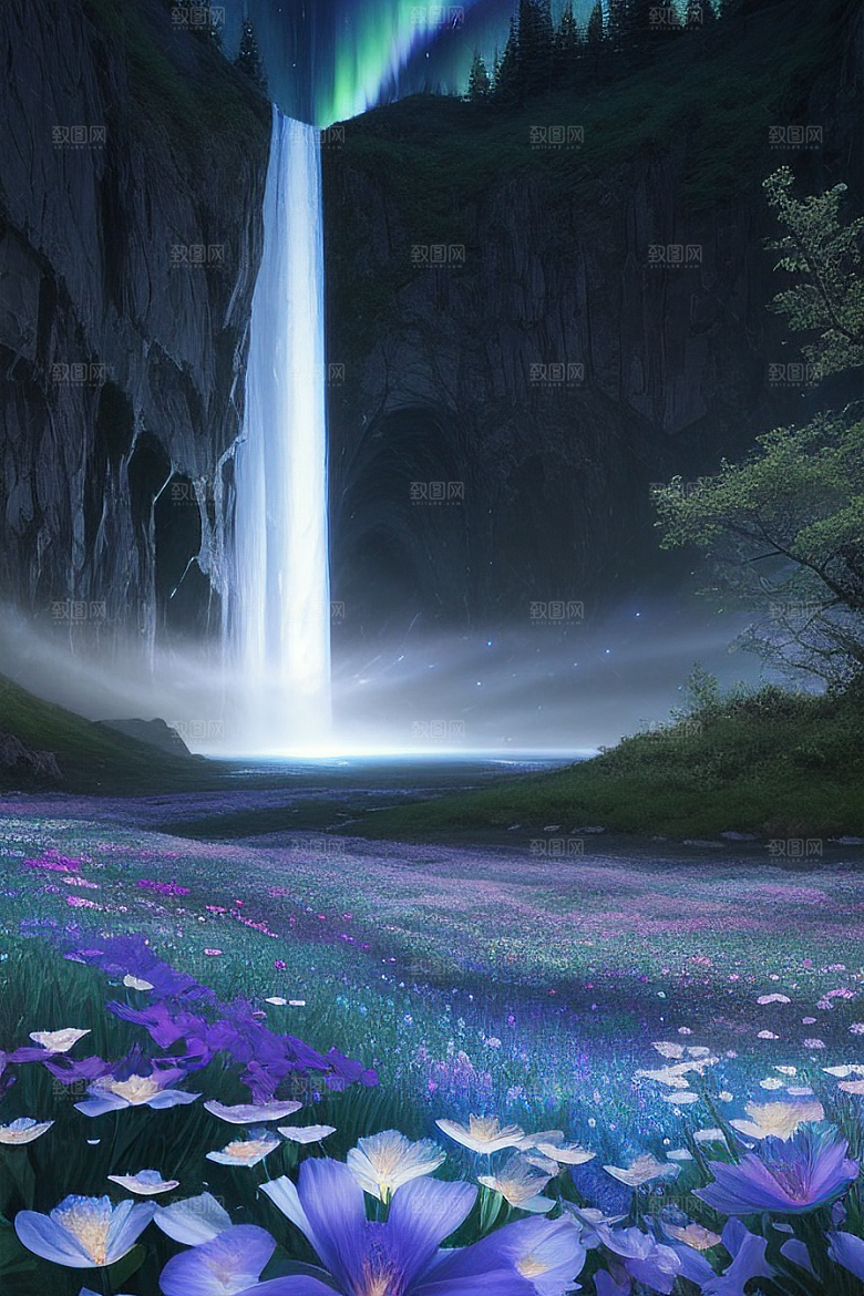 璀璨夜空蓝花瀑布挂毯