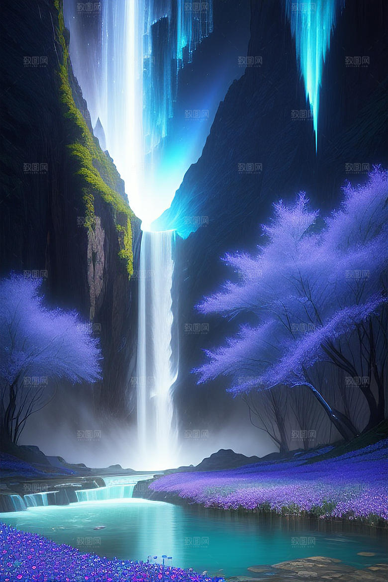 璀璨夜空蓝花瀑布挂毯
