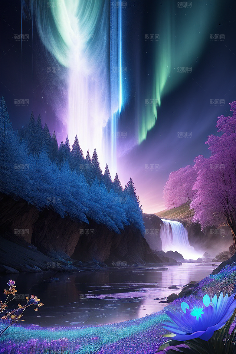 璀璨夜空蓝花瀑布挂毯