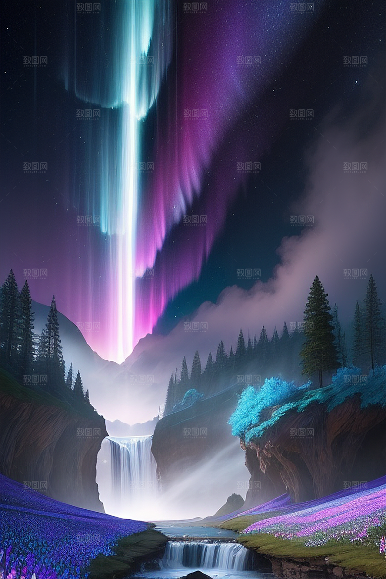 璀璨夜空蓝花瀑布挂毯
